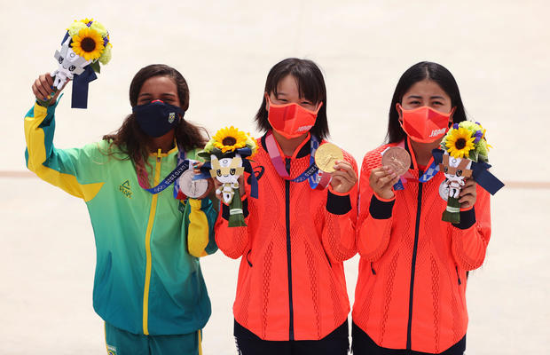 Rayssa Leal (Brazil) and Momiji Nishiya and Funa Nakayama (Japan)