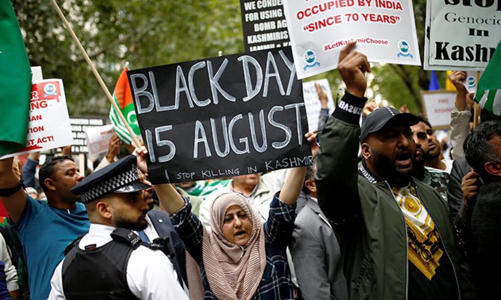 Demonstrator protest against the scrapping of the special constitutional status in Kashmir